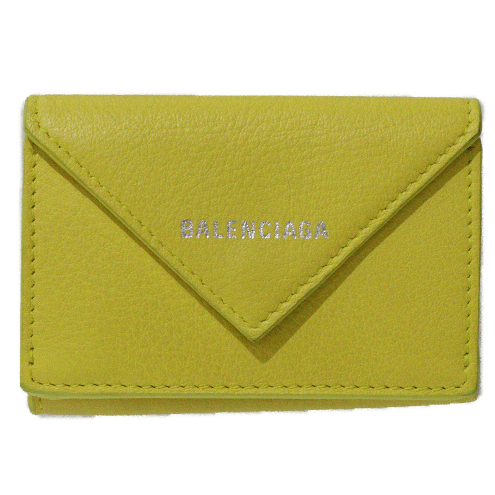 BALENCIAGA Paper Wallet Leather Tri fold Compact Yellow Foldable